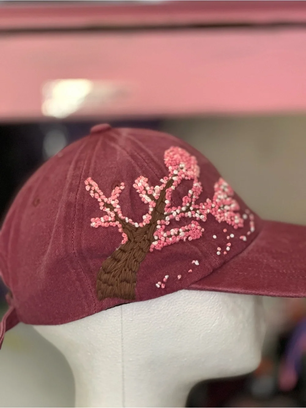 Embroidered Cherry Blossom Baseball Cap - Pink
